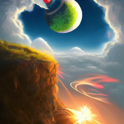 Image similar to a stunning wide angle view of a pokeball falling from a cliff into space, highly detailed clouds, artistic composition, sharp focus, intricate concept art, digital painting, colorful flat surreal design, hd, 8 k, artstation, ambient lighting