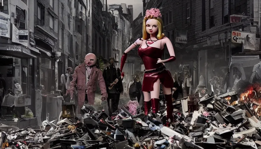 Image similar to big budget movie about killer doll destroying a city