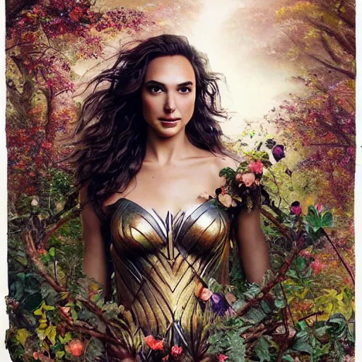 Prompt: Portrait of the beautiful woman Gal Gadot as a forest nymph, she is posing, she has a crown of flowers, she is sitting on an ancient forest, there is fog and lots of extravagant leafs, she is getting ulluminated by the rays of the sunset, the photo was taking by Annie Leibovitz, matte painting, oil painting, naturalism, 4k, 8k