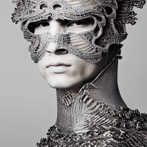 Prompt: a portrait of a beautiful young male wearing an alexander mcqueen armor made of lace , photographed by andrew thomas huang, artistic