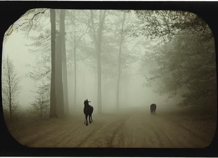 Image similar to medium shot, an evil horse is walking, woods, horror, fog, the horse is breathing smoke, polaroid photo, vintage, neutral colors, by gregory crewdson,