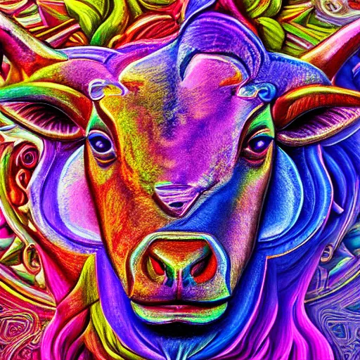 Prompt: Photorealistic physical manifestation of the zodiac taurus. Hyperdetailed photorealism, 108 megapixels, amazing depth, sharp focus, psychedelic overtones, 10k resolution