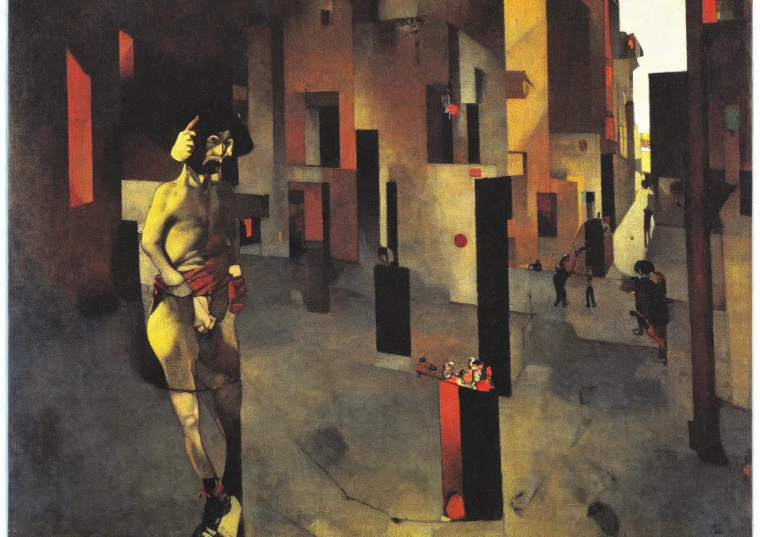 Prompt: a punk latino skinhead following a watchful light through the streets of a city, muted color scheme, sparse detail, by george luks, joan miro and moebius