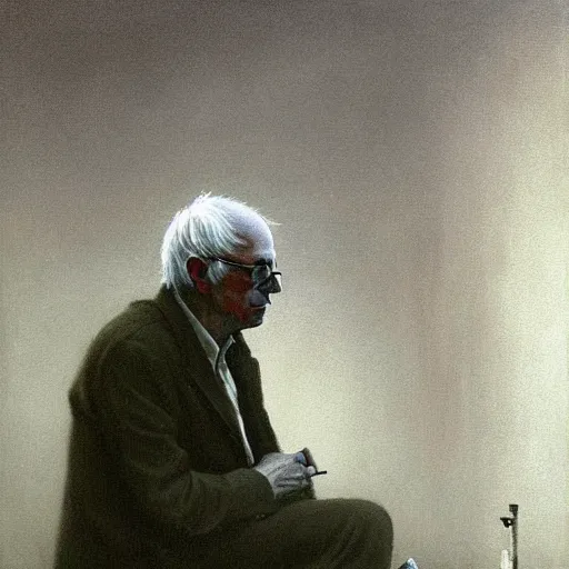 Image similar to a portrait of a calm bernie sanders smoking a cigarette, painted by zdzislaw beksinski