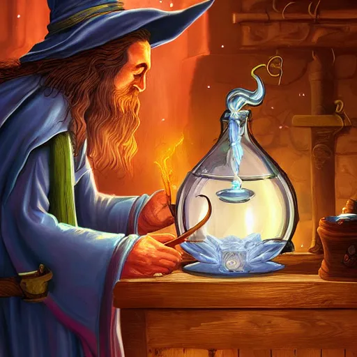 Old wizard with hat making magical potion digital art Stock Illustration