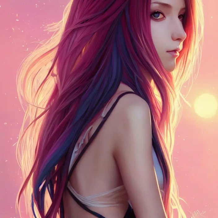 Image similar to full body portrait, a beautiful symmetrical gorgeous anime girl, rainbow hair, attractive, casual, modern, victoria's secret, highly detailed, digital painting, artstation, concept art, smooth, sharp focus, illustration, art by artgerm, greg rutkowski and alphonse mucha, 8 k,