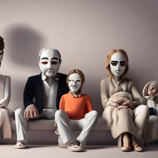 Image similar to family with actor's ceramic masks watching tv, style of henrik sahlstrom and paolo roversi, 8 k, sharp focus, soft light, volumetric lighting, highly detailed realistic, refined, artstation