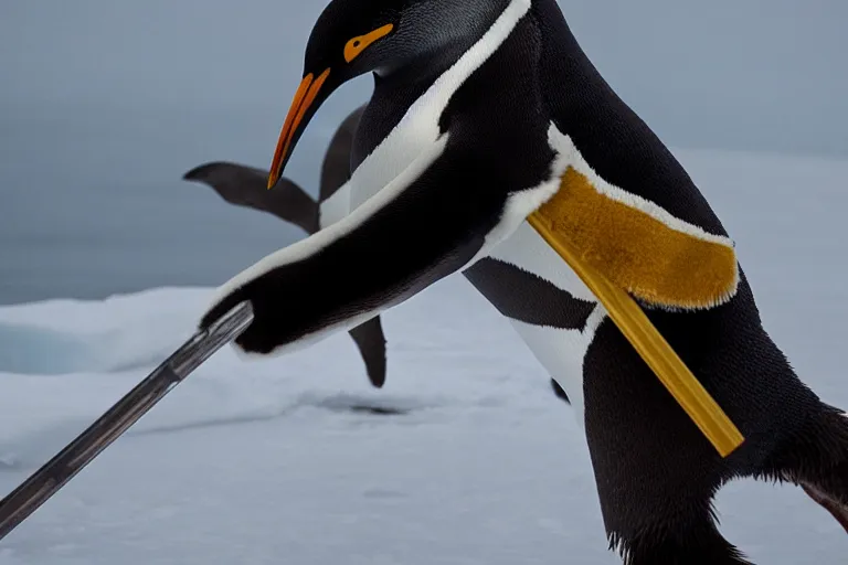 Image similar to movie scene closeup penguin wearing fishbone armor holding a katana sword in a lush arctic. by emmanuel lubezki