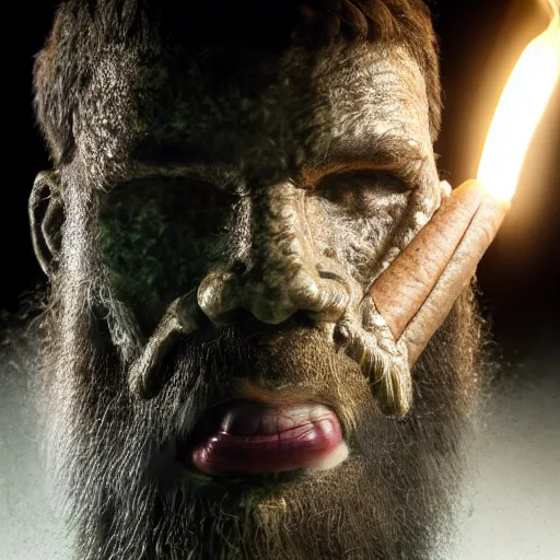 Prompt: realistic photo portrait of a prehistoric man smokibg cigar, volumetric lights, trending on artstation, studio photo, intricate details, highly detailed