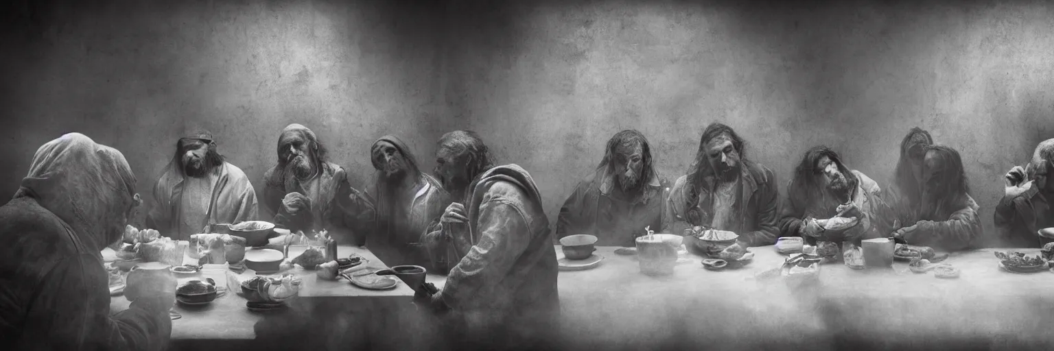 Image similar to Award Winning Editorial wide-angle picture of a Tramps in a new York Soup Kitchen by David Bailey and Lee Jeffries, called 'The Last Supper', 85mm ND 5, perfect lighting, gelatin silver process