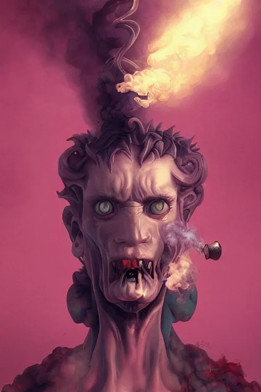 Image similar to portrait of a man with smoke demon coming from mouth, by artgerm, tom bagshaw, gerald brom, vaporwave!, vaporwave colors!, lo fi colors, vaporwave!, lo fi, 4 k, hd,