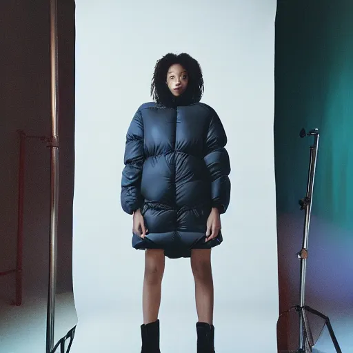 Image similar to realistic photoshooting for a new balenciaga!!! lookbook, color film photography, photo of a woman, model wears a inflated jacket, photo in style of tyler mitchell, 3 5 mm