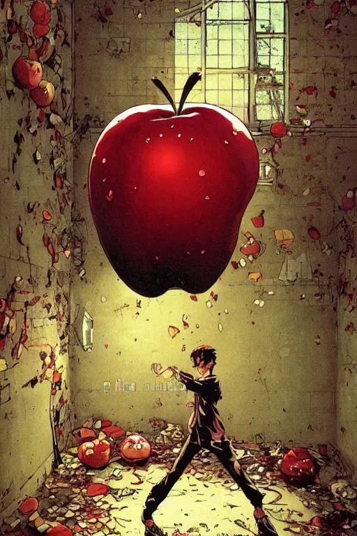 Prompt: A giant apple floating in an abandoned room, anime manga illustration detailed art Geof Darrow and Phil hale and Ilya repin