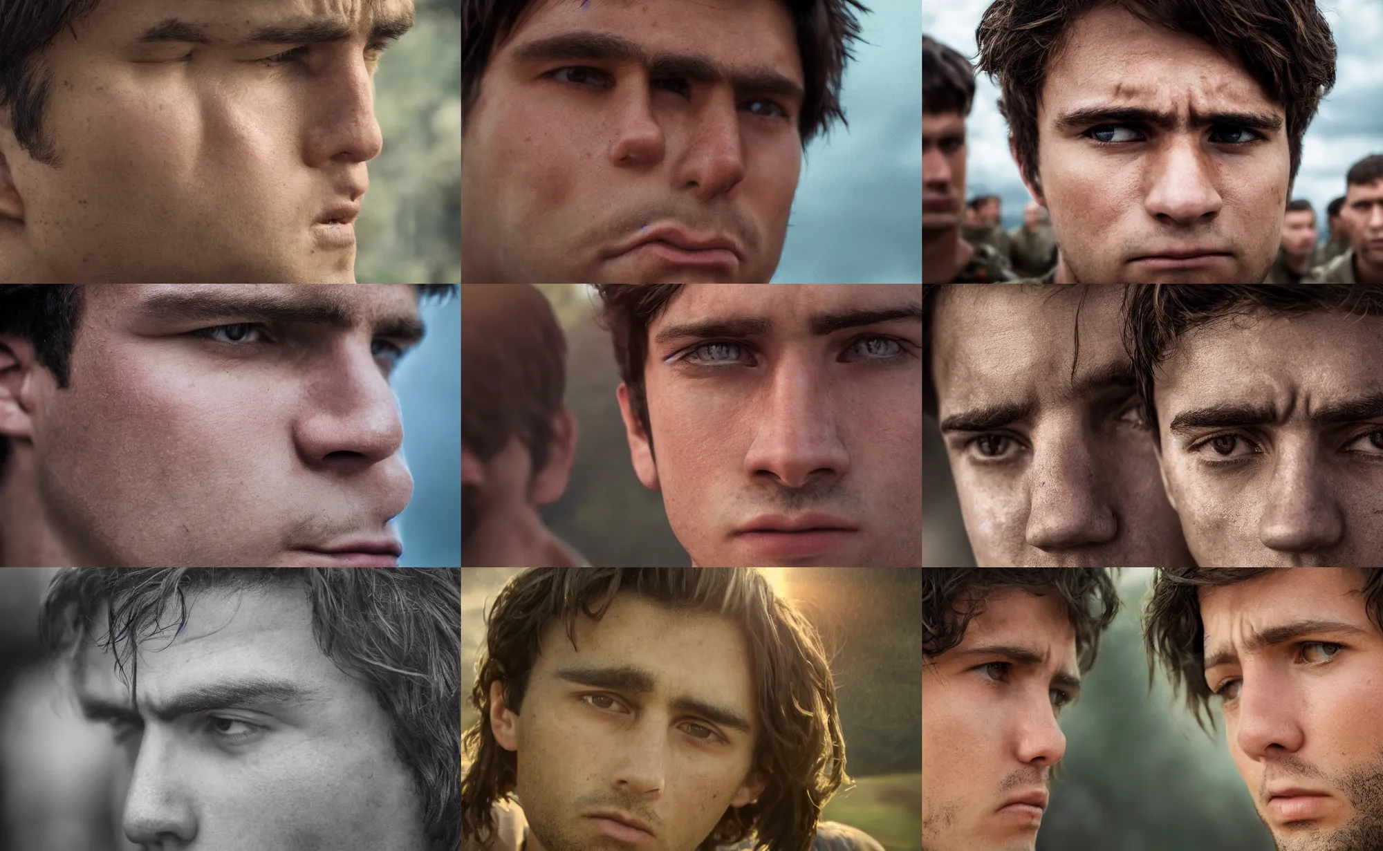 Prompt: cinematic close up artwork of a man in his twenties with brown hair, brown eyes and a small chin looking solemn as he realizes he is outnumbered and surrounded by an enemy army by greg rutowski, 4 k, masterpiece, sun rays