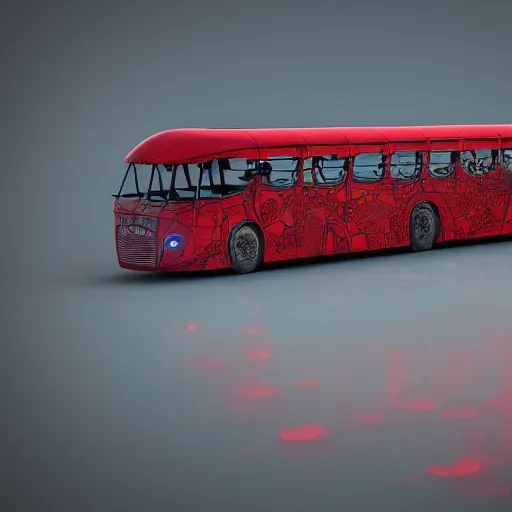 Image similar to mythical red organic biomechanical london bus. futuristic. blue blurry background. highly detailed, intricate steampunk ornate, poetic, 3 d render, digital art, octane render, 8 k artistic photography, photorealistic.