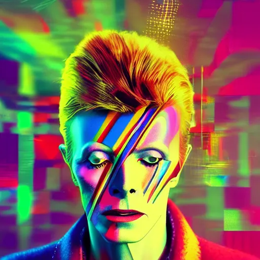 Prompt: beautiful portrait of David Bowie, colorful and vivid, many details, high contrast, 4K, in the style of Beeple and James Jean, intricate, epic lighting