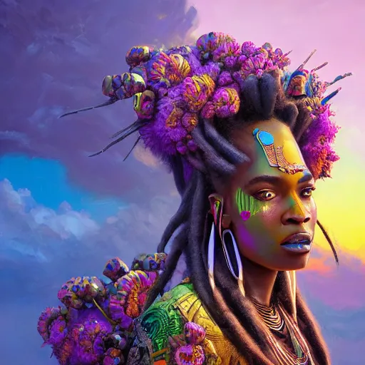 Image similar to a very regal african cyberpunk queen with colorful! dreadlocks and lots of jewlery sitting on a cliff overlooking a field of colorful flowers with a giant glowing baobab tree in the middle, it is sunset, by greg rutkowski and android jones and Alena Aenami in a surreal cyberpunk! style, oil on canvas, highly detailed face, 8k hd,