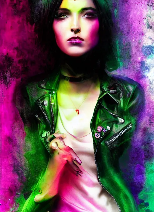 Image similar to a photo of 8 k ultra realistic a black haired female in high heels and a black leather jacket, pink, purple, green, yelow, red, blue, white neon, art by lise deharme