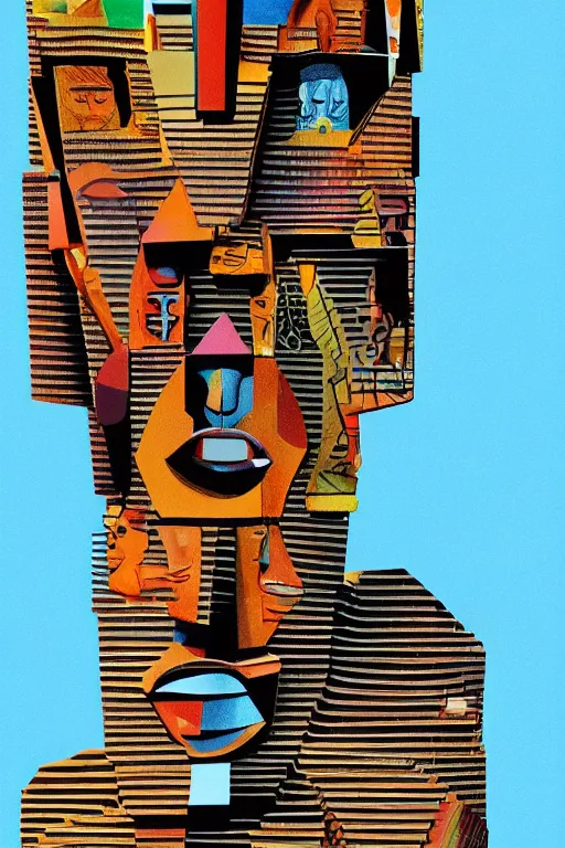 Image similar to cubist moai statue cutout digital illustration cartoon colorful beeple