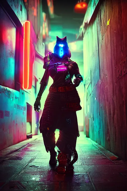 Prompt: cyberpunk ginger cat in the alley, neon lighting, rendered in unreal engine, trending on artstation