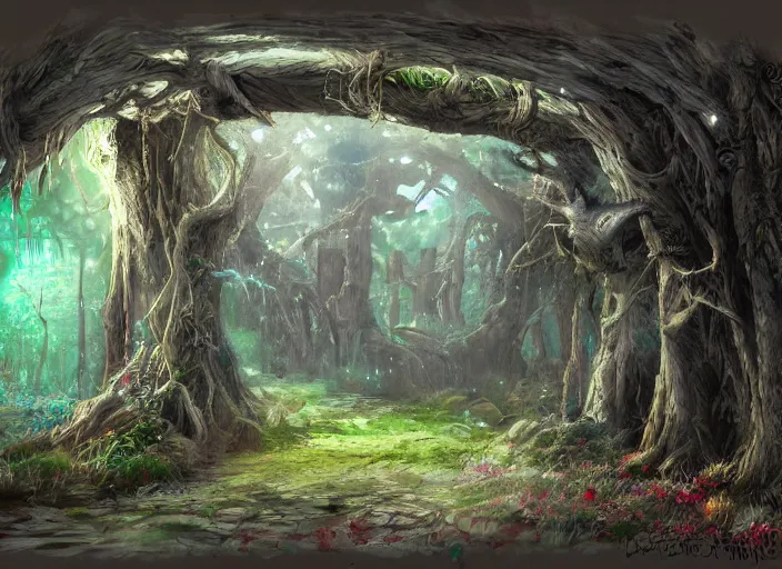 Image similar to A doorway to a magic forest, concept art, detailed