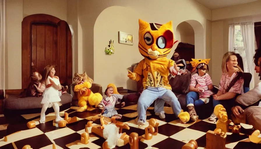 Prompt: 1990s candid 35mm photo of a beautiful day in the living room, cinematic lighting, cinematic look, golden hour, large costumed mascot people interacting with families, Enormous personified mascot people with outstandingly happy faces coming out of a portal and showing families how to teleport, cats playing chess in the background, UHD