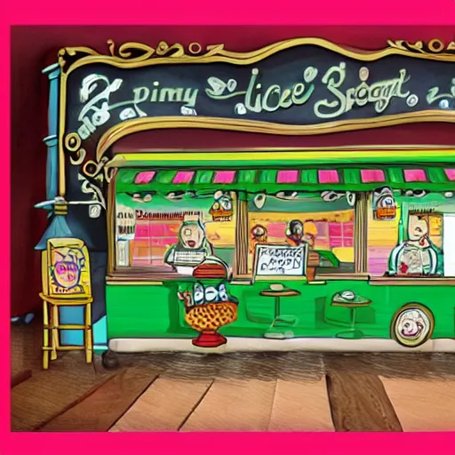 Image similar to an ice cream parlor in the style of \ frog and toad \ \