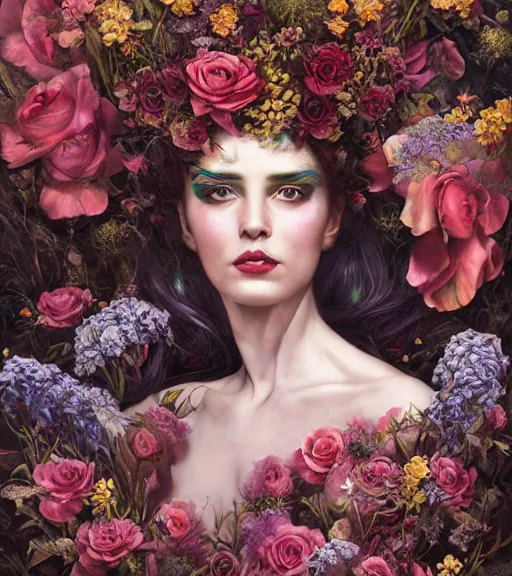 Prompt: portrait of the queen of the underworld, surrounded by flowers by karol bak, james jean, tom bagshaw, rococo, trending on artstation, cinematic lighting, hyper realism, octane render, 8 k, hyper detailed.