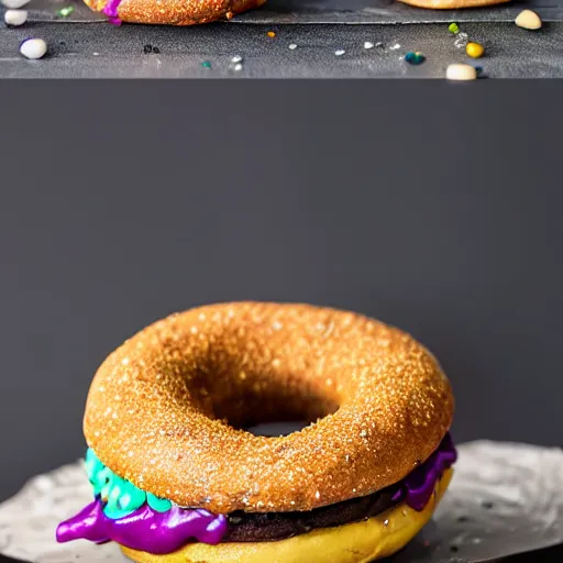 Image similar to A fairy-bread-esque, burger-infused, chocolate-layered donut, 8k