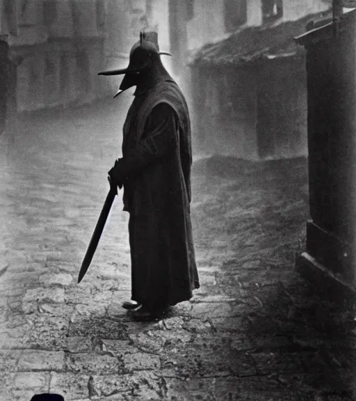 Image similar to a man at wearing plague doctor mask in distance, ww1 film photo, grainy, high detail, high resolution