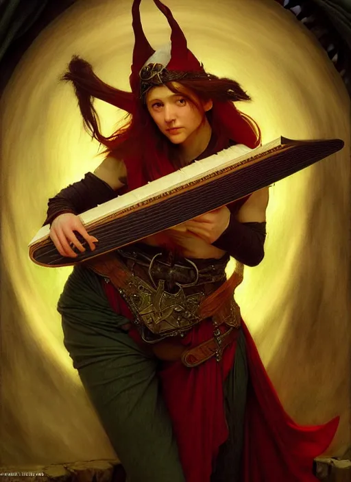 Image similar to elf bard playing lute, full body, hyper realistic, extremely detailed, dnd character art portrait, dark fantasy art, intricate fantasy painting, dramatic lighting, vivid colors, deviantart, artstation, by edgar maxence and caravaggio and michael whelan and delacroix.