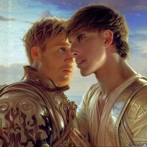 Image similar to attractive male arthur pendragon confesses his love to attractive male merlin. highly detailed painting by gaston bussiere, craig mullins, j. c. leyendecker 8 k