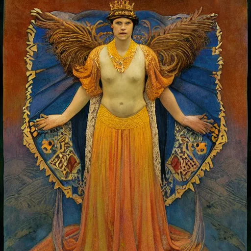 Image similar to portrait of a crow wearing a crown, by Annie Swynnerton and and Nicholas Roerich and Maxfield Parrish and Diego Rivera , symbolist, dramatic lighting, embroidered brocade robes, god rays, rich colors,smooth, sharp focus, extremely detailed