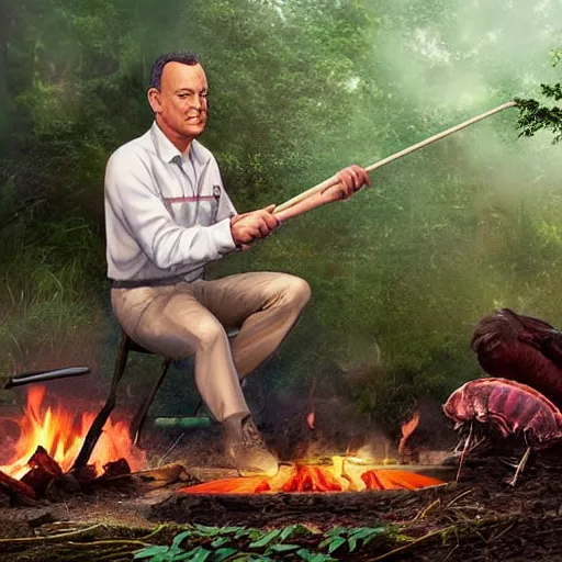 Prompt: tom hanks as forrest gump holding a giant shrimp skewer over a campfire in the jungle, amazing digital art, trending on artstation