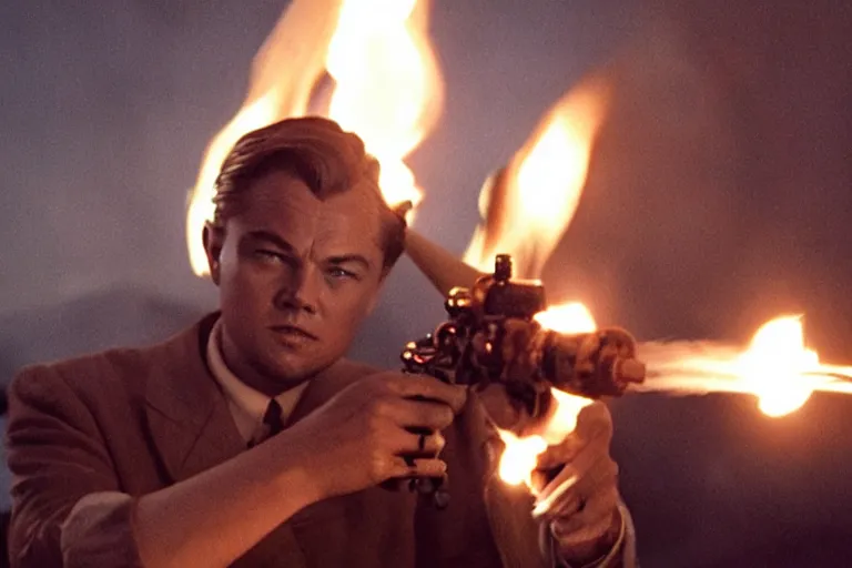 Image similar to leonardo dicaprio using a flamethrower on the nazis, movie still, cinematic, lens flare, directed by quentin tarantino