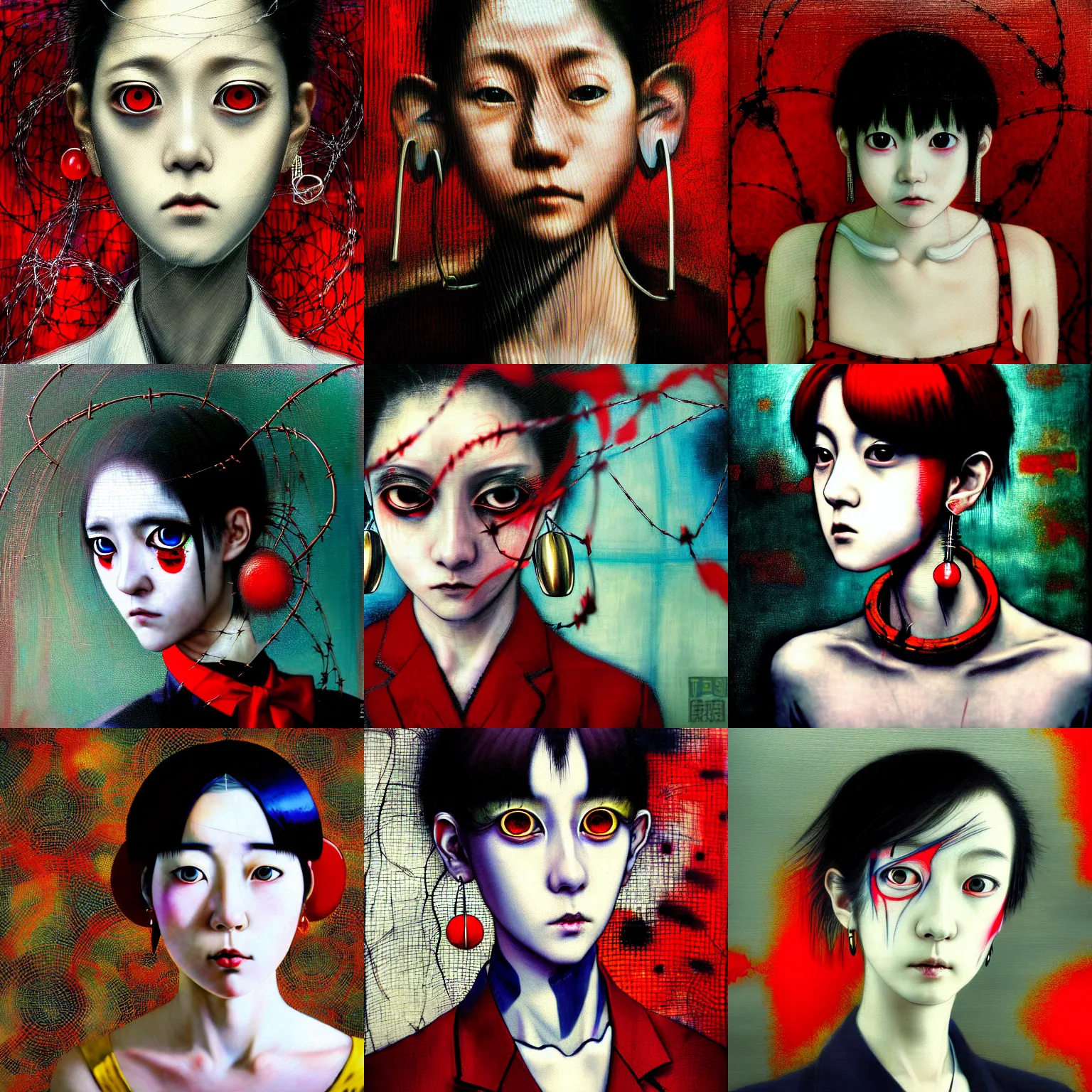 Image similar to yoshitaka amano blurred and dreamy realistic three quarter angle portrait of a sinister young woman with short hair, big earrings, barbed wire and red eyes wearing office suit with tie, junji ito abstract patterns in the background, satoshi kon anime, noisy film grain effect, highly detailed, renaissance oil painting, weird portrait angle, blurred lost edges