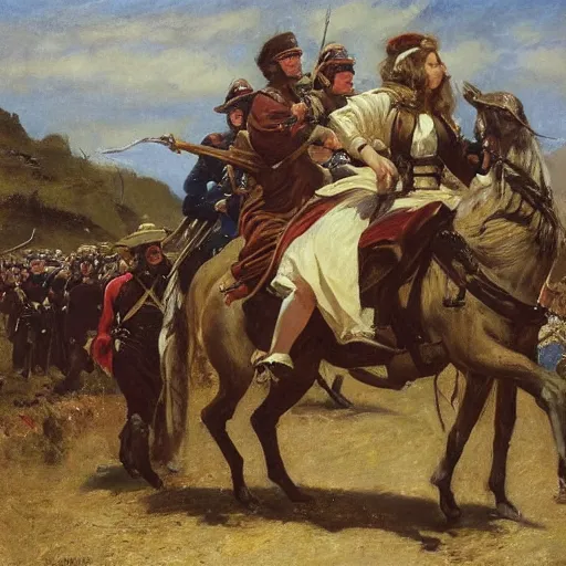 Image similar to action heroine leading an army by foot, by alfred stevens