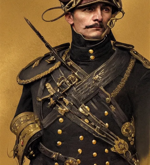 Image similar to portrait of an hungarian man wearing a traditional nineteenth century austro - hungarian empire military uniform, metal shoulder pauldrons, intricate, highly detailed, digital painting, artstation, concept art, sharp focus, cinematic lighting, illustration, art by artgerm and greg rutkowski, alphonse mucha, cgsociety