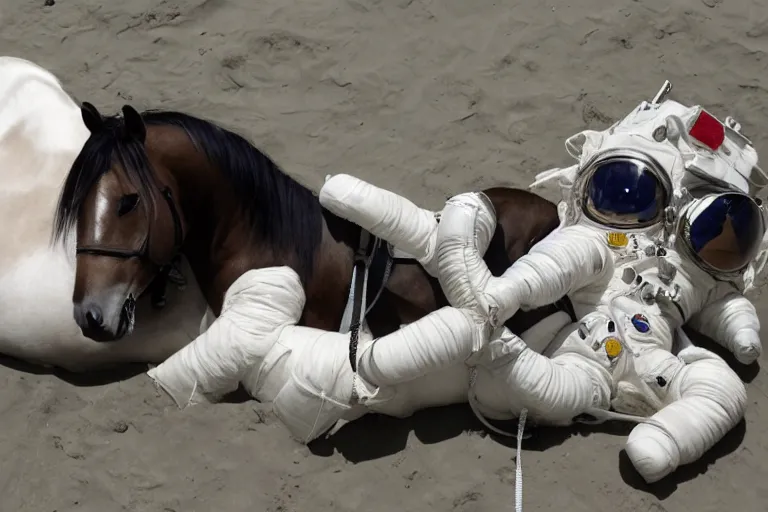 Prompt: horse lying on an astronaut