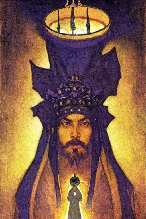 Image similar to child of darkness with his crown and lantern, by Nicholas Roerich and Annie Swynnerton and and jean delville, dramatic cinematic lighting , ornate headdress , flowing robes, sacred artifacts, lost civilizations, smooth, sharp focus, extremely detailed