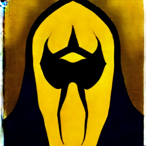 Image similar to eldritch king dressed in mask and robes, gold yellow and black colour scheme, canvas, oil paint style