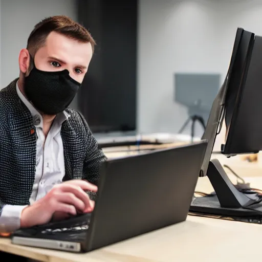 Prompt: picture of man wearing guy faux mask hacking a computer