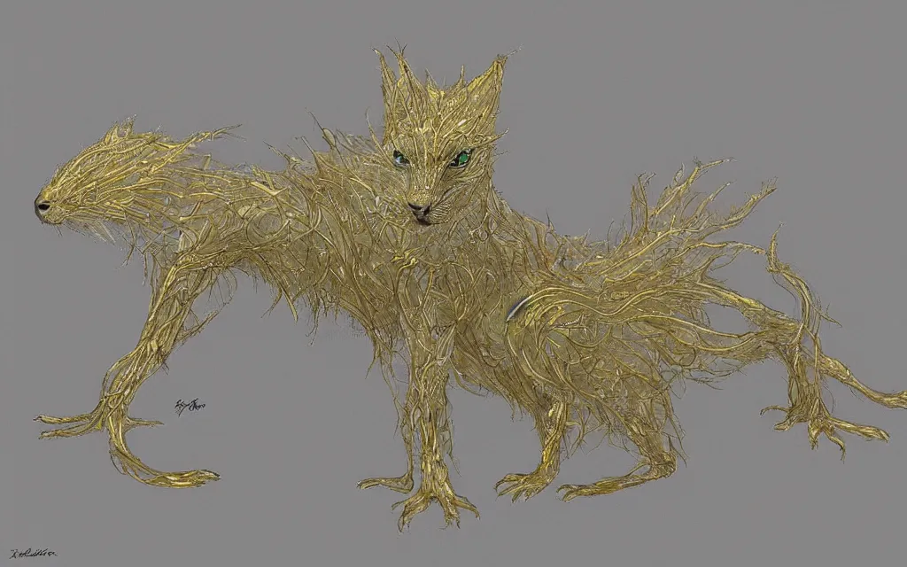 Image similar to filigran white almost transparent creature with intricate golden paws and eyes by gunnerromantic