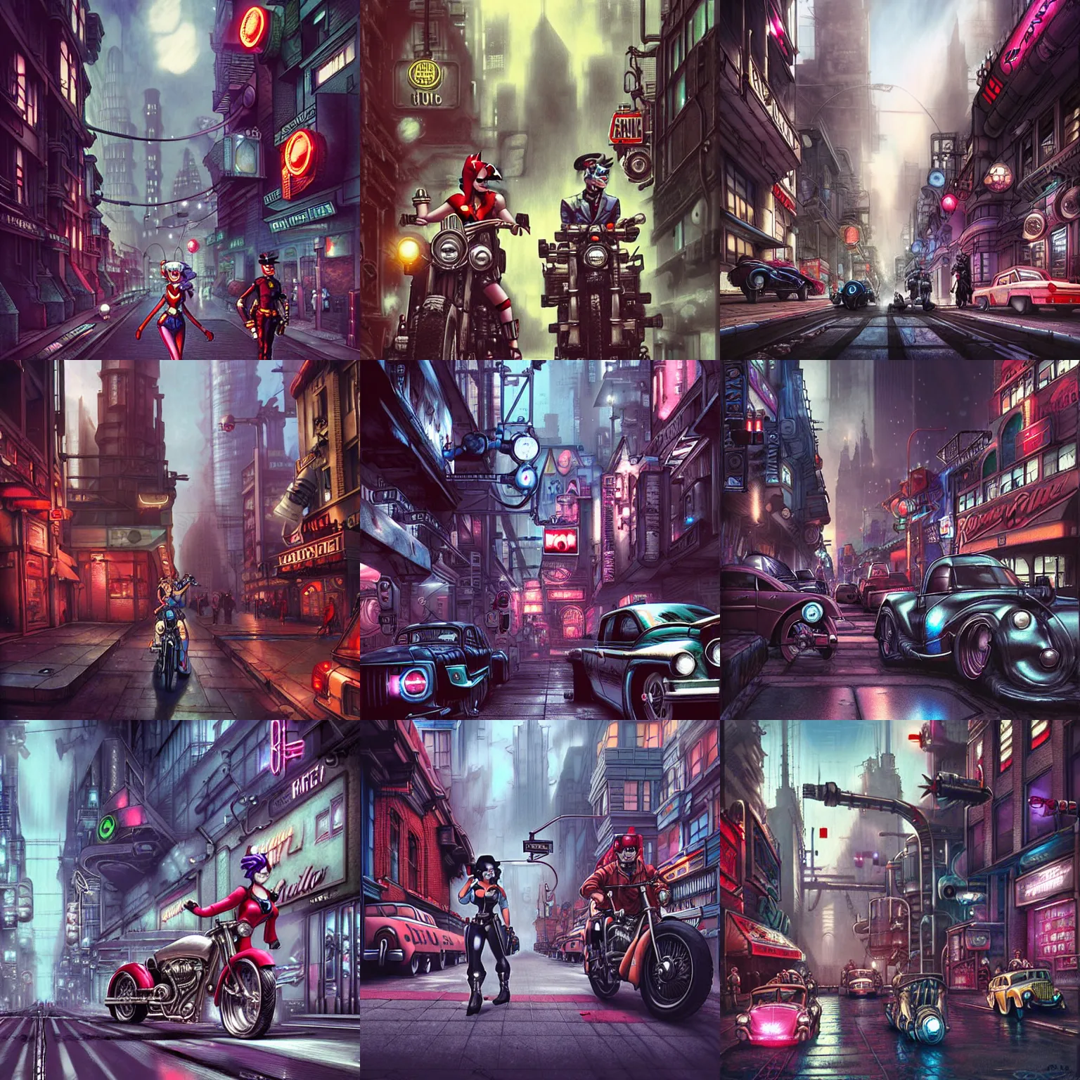Prompt: retrofuturistic dieselpunk city street, harley quin and batman, detailed, intricate, realistic, octane rendered, art by jim lee