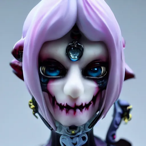 Image similar to by Yoshitaka Amano, by Johanna Martine , by Good Smile Company, detailed resin anime sculpture of a 26yo female jester necromancer wearing a skull hat, close up dslr studio photograph, headshot, portrait, artstation, sci fi futuristic costume, mysterious temple setting, grim lighting