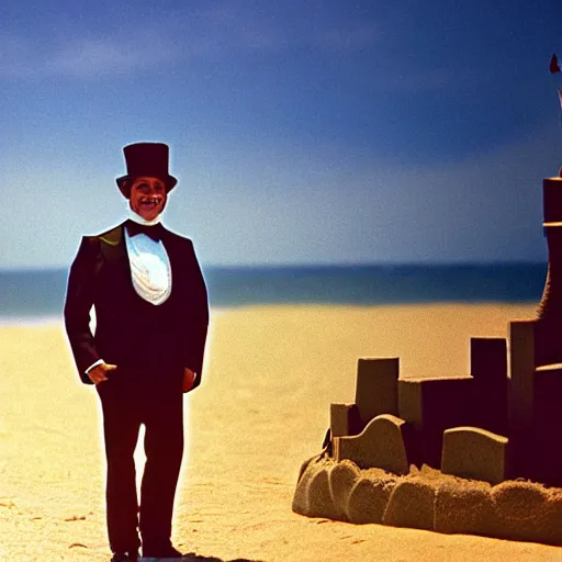 Prompt: the godfather wears a top hat and smiles. 5 0 mm, cinematic, technicolor. sea and beach and a sandcastle in the background. sunset lighting.