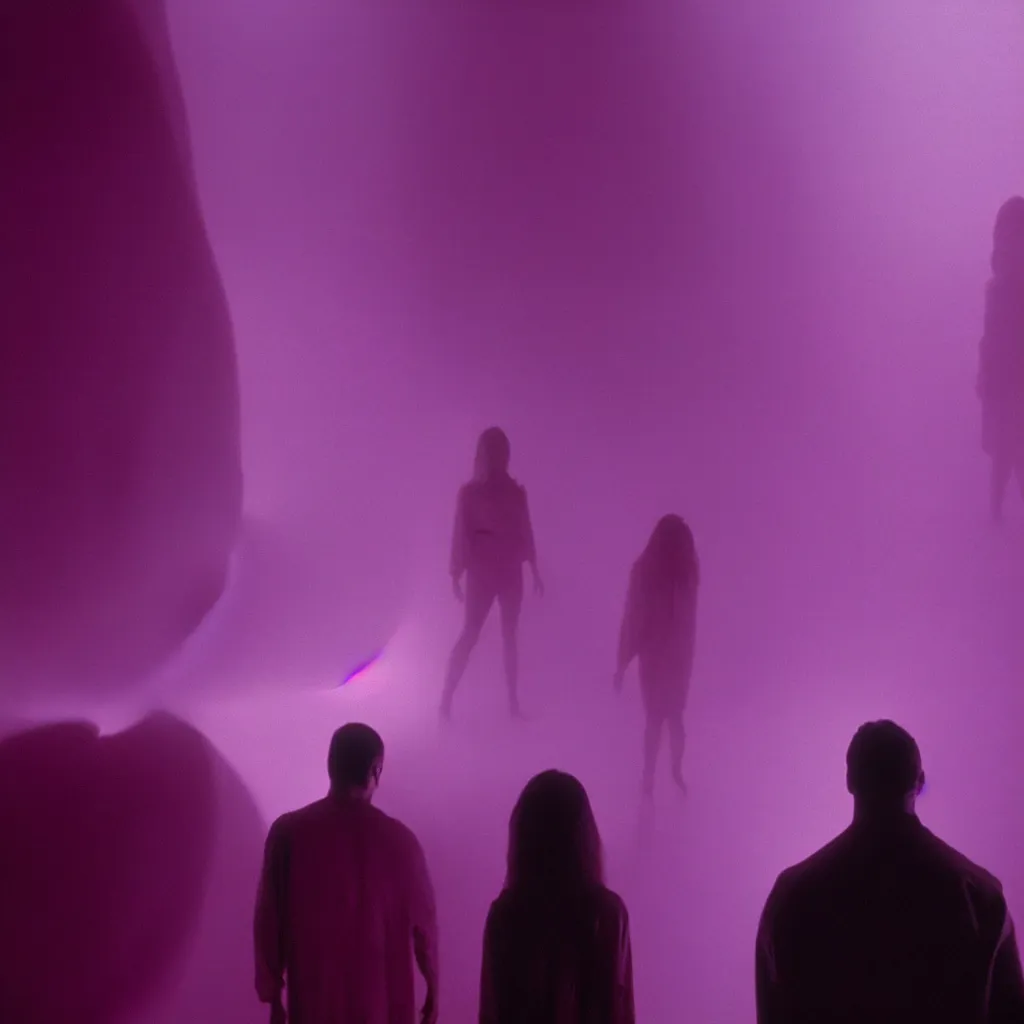 Prompt: cinestill of a giant form made of purple wax float through the living room film still from the movie directed by denis villeneuve with art direction, pouring rain menacing lights shadows, 8 k, hd, high resolution, 3 5 mm, f / 3 2, ultra realistic faces, lost highway