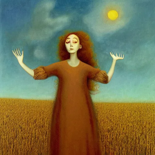 Prompt: by Remedios Varos, a brown haired giantess rising above a field of wheat. Cats are playing. Oil painting, high res, traditional