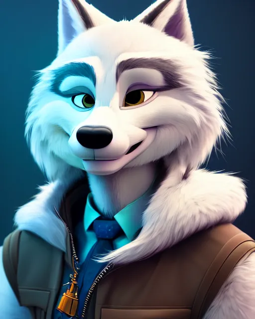 Image similar to portrait of cute male anthropomorphic white wolf in the style of zootopia in cyberpunk city, volumetric light, artstation, concept art, 8 k, high detail, perfect