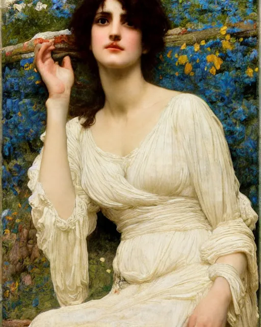 Image similar to portrait en buste of winona ryder in repose by John William Waterhouse, Frederic Leighton, true-to-life, flowing realistic fabric, abundant detail